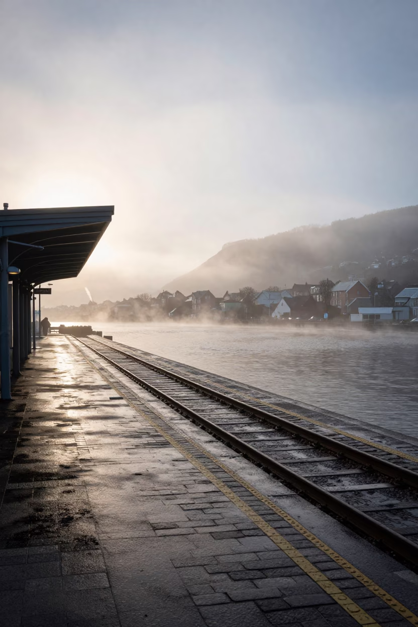 Morning Steam Haze Over Bergen Norway Waterfront Railway Station Platform in in Bergen, Norway