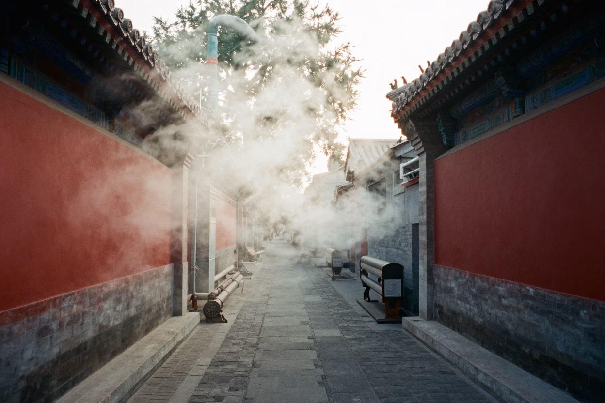 Morning Steam Haze Over District Heating Pipes in Snowy Beijing Courtyard First Light in in Beijing, China