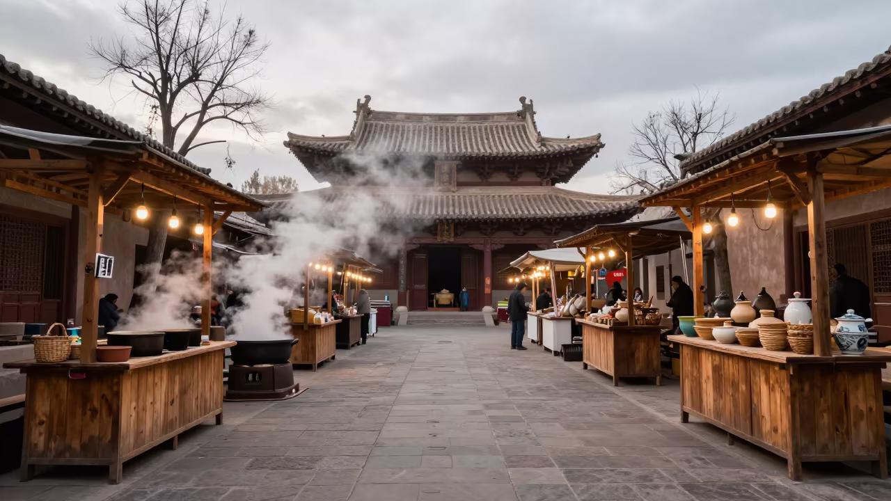Morning Steam and Lights in Albuquerque Temple Market in in a temple courtyard near Albuquerque