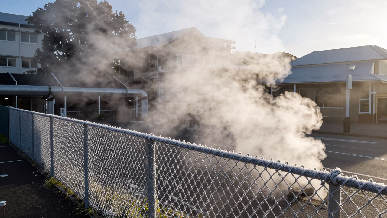 Morning steam rises from district heating pipes behind frost fence in Wellington New Zealand in in Wellington, New Zealand