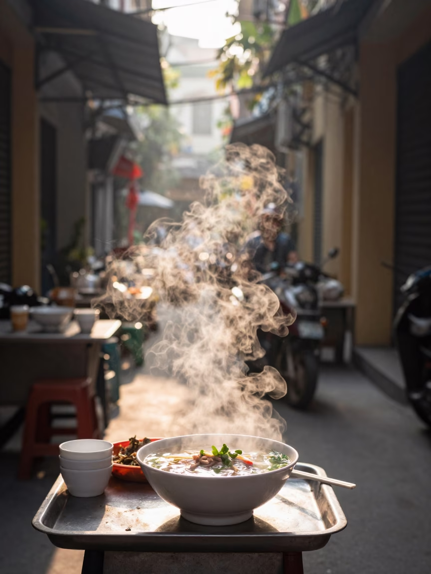 Morning Steam Rising from Phở Bowl in Narrow Hanoi Alley with Cat in in Hanoi, Vietnam