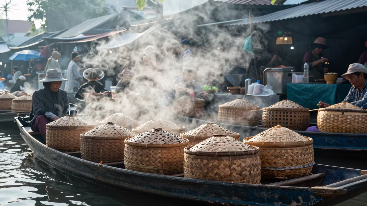 Morning Steam Rising Over Tea Baskets in at a floating market boat in Kemang, Jakarta