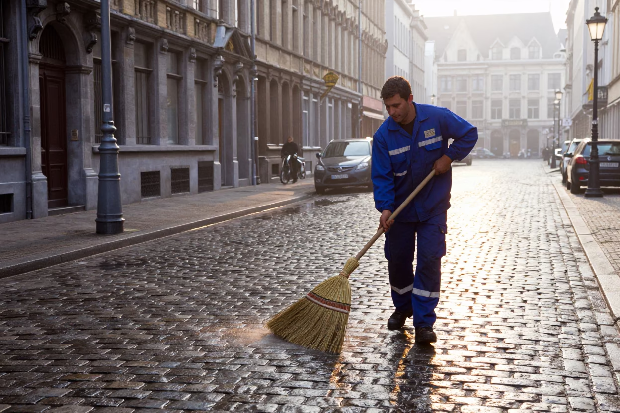 Morning Street Cleaning Crew Sweeping Cobblestones in Brussels Belgium After Sunrise in in Brussels, Belgium
