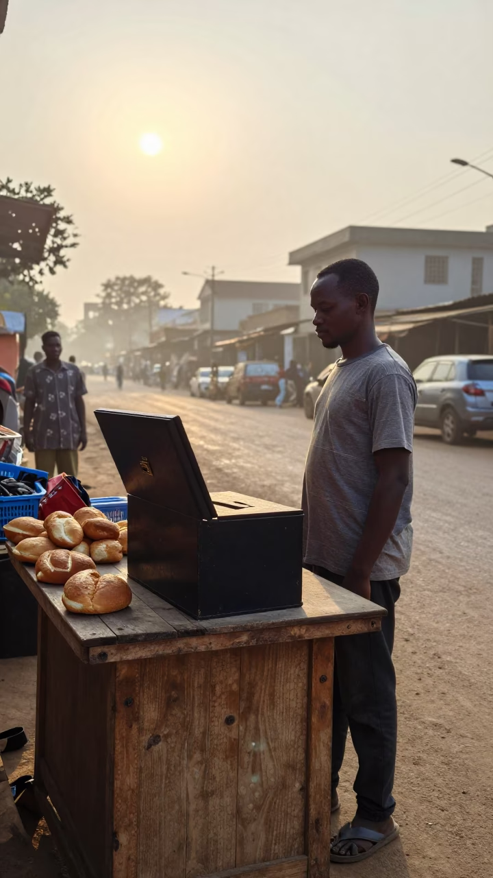 Morning street commerce in Accra Ghana with cash box and bread basket in in Accra, Ghana