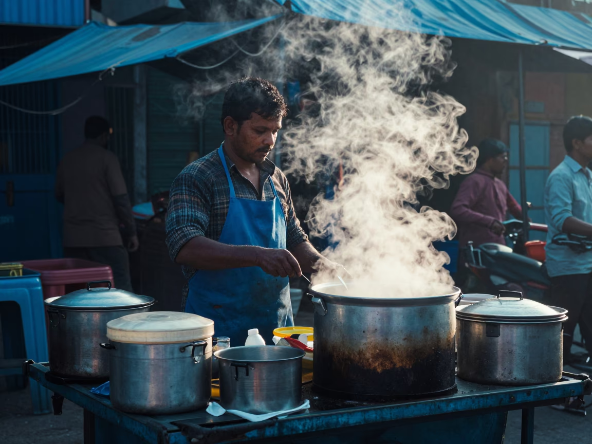 Morning Street Food Preparation in Kolkata India with Steam and Aprons in in Kolkata, India