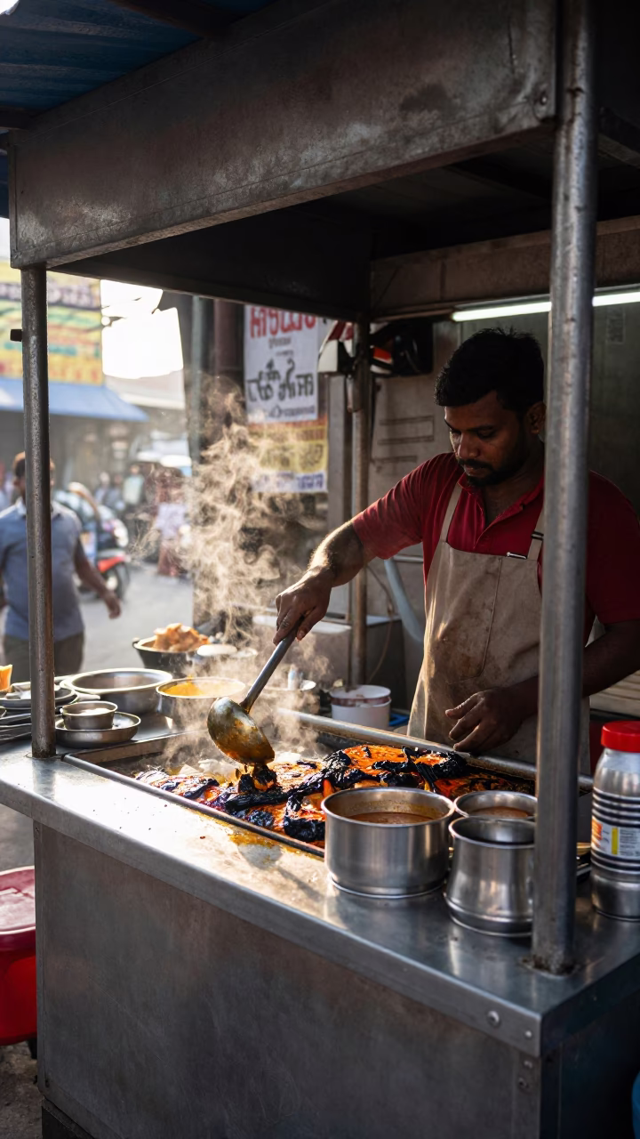 Morning street food stall in Chennai India with ladle and grilled halloumi in in Chennai, India
