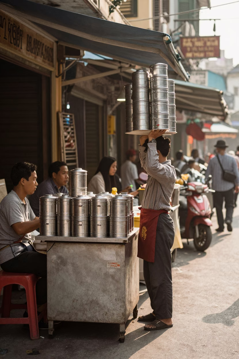 Morning street food stall in Ho Chi Minh City with tiffin tin and nectarines in in Ho Chi Minh City, Vietnam
