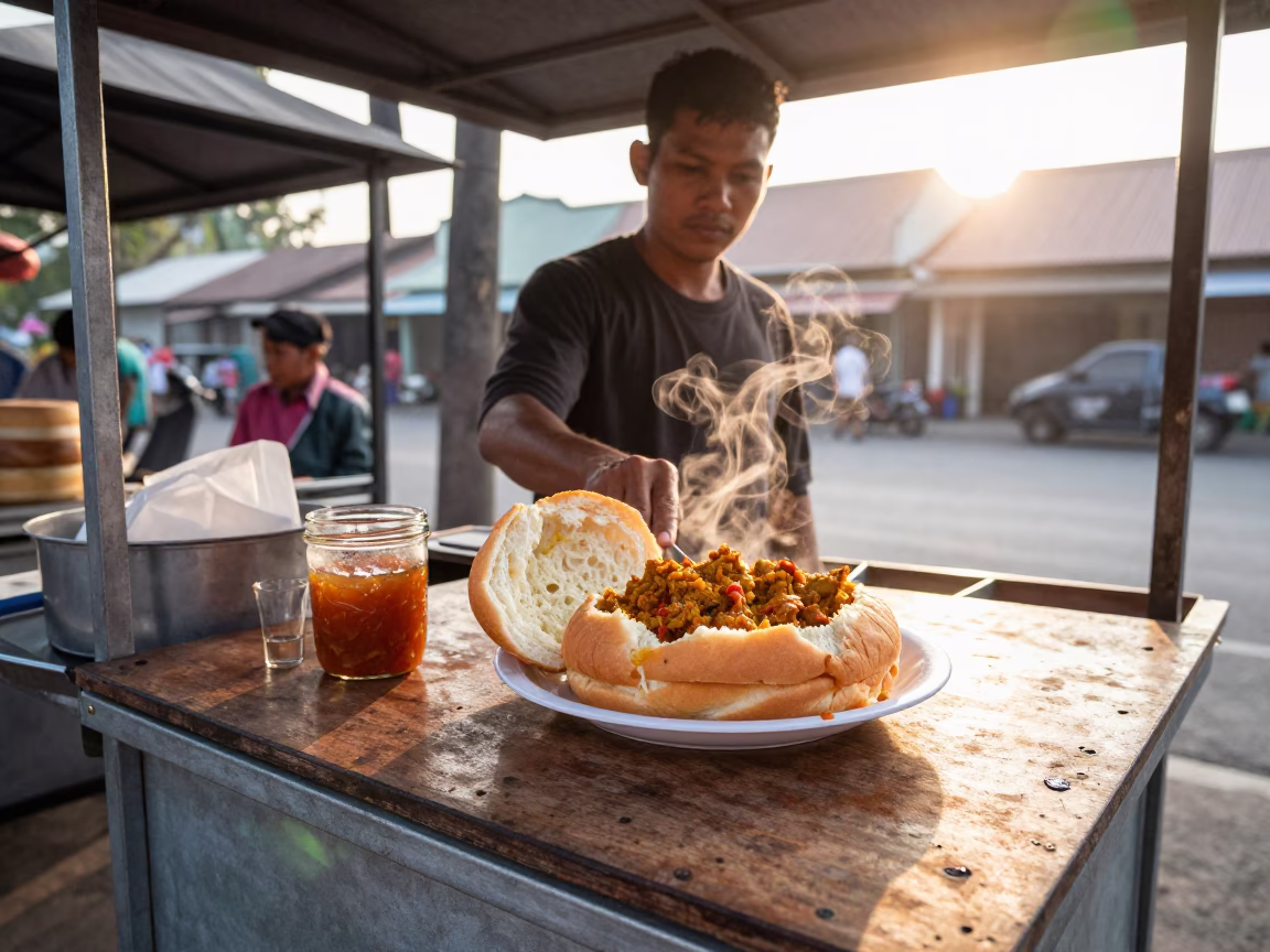 Morning street food stall with bunny chow curry in Surabaya Indonesia sunrise in in Surabaya, Indonesia