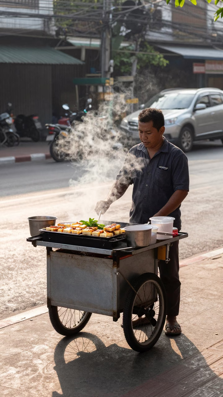 Morning Street Food Vendor in Bangkok Thailand Selling Grilled Halloumi and Mint at Sunrise in in Bangkok, Thailand