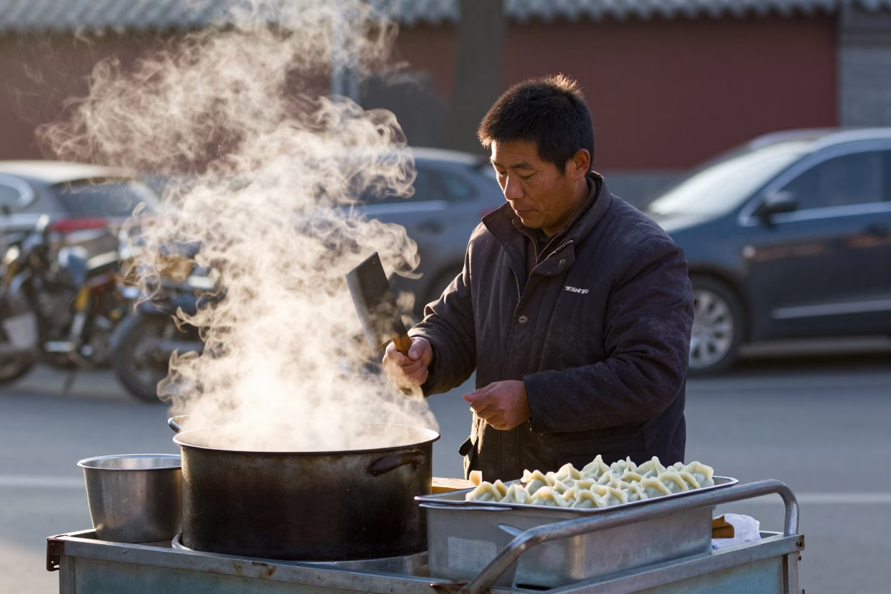 Morning street food vendor in Beijing preparing dumplings with cleaver and tools at dawn in in Beijing, China
