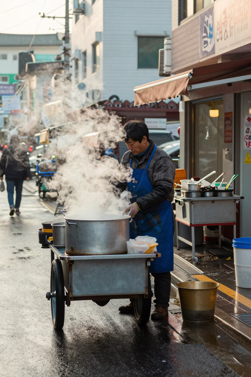 Morning Street Food Vendor in Busan South Korea Just After Sunrise in in Busan, South Korea