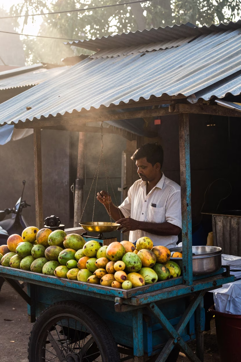 Morning street food vendor in Chennai India with fresh fruit and measuring tape in in Chennai, India