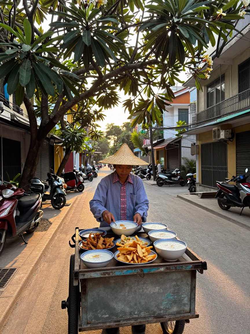 Morning Street Food Vendor in Hanoi Vietnam Serving Congee with Crispy Shallots at Dawn in in Hanoi, Vietnam