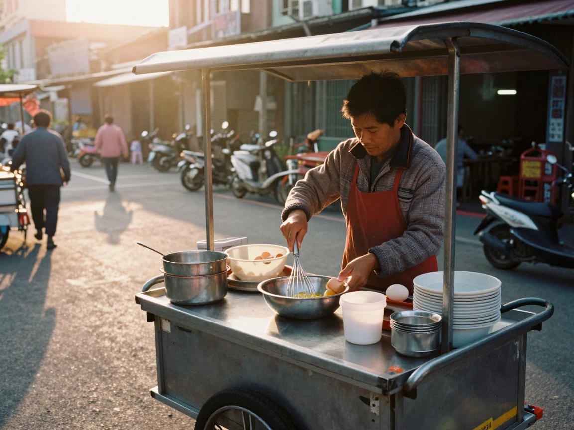 Morning street food vendor preparing breakfast in Kaohsiung Taiwan after sunrise in in Kaohsiung, Taiwan