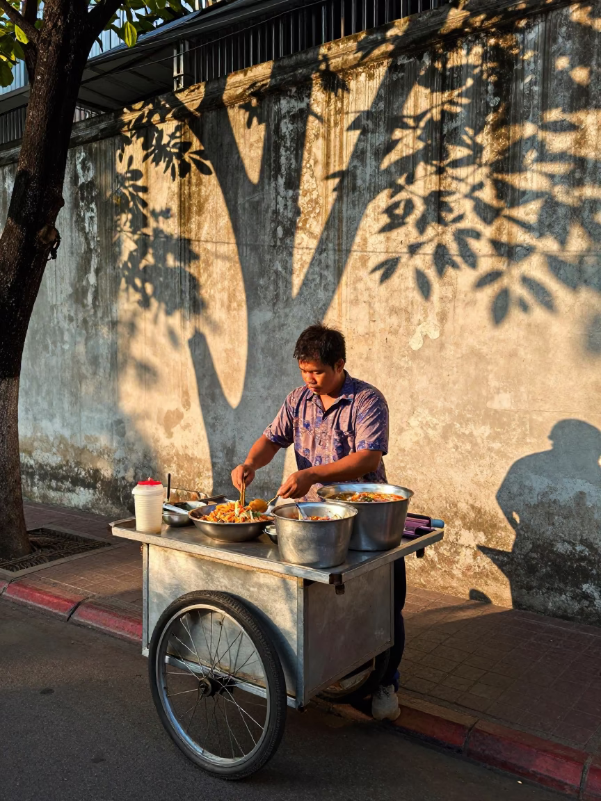 Morning street food vendor preparing pad thai with lime wedges in Bangkok Thailand in in Bangkok, Thailand