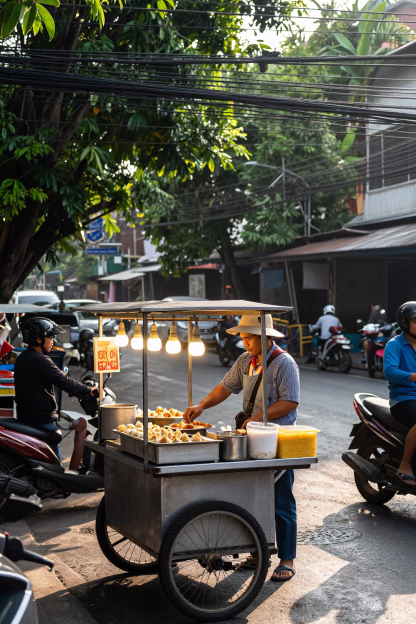 Morning street food vendor selling spicy momos with chutney in Bangkok Thailand first light in in Bangkok, Thailand