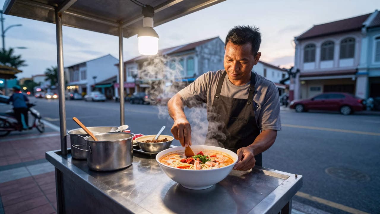 Morning Street Food Vendor Serving Laksa in George Town Malaysia Before Sunrise in in George Town, Malaysia