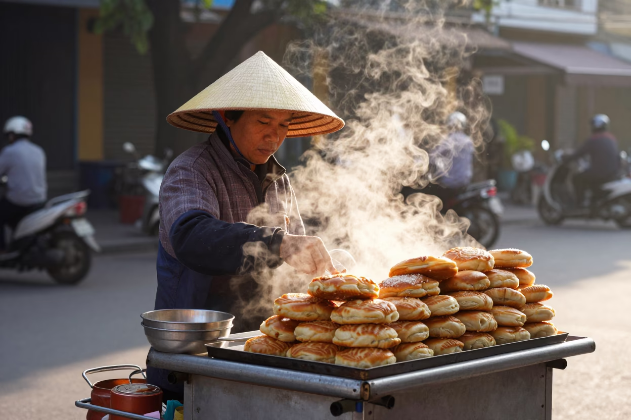 Morning street food vendor serving pastries in Ho Chi Minh City Vietnam in in Ho Chi Minh City, Vietnam