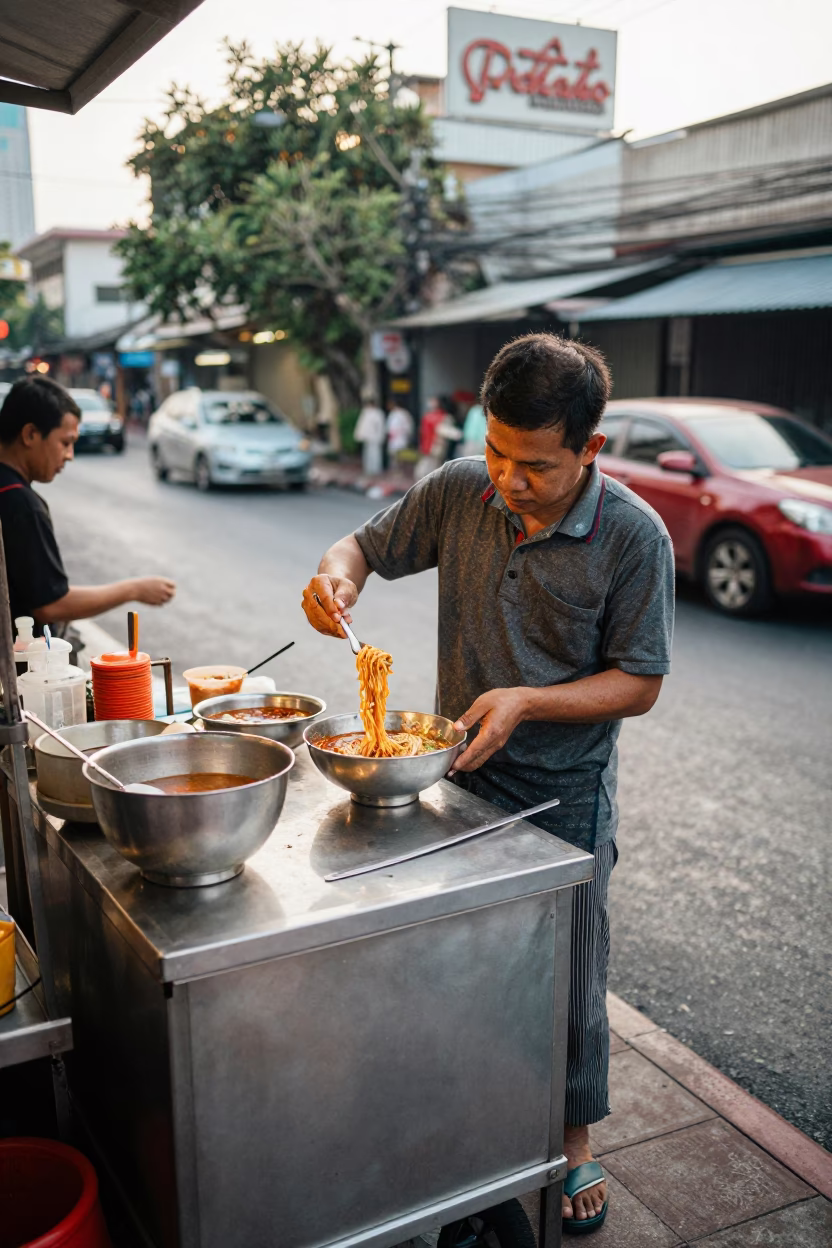 Morning street food vendor serving spicy noodle soup in Bangkok Thailand in in Bangkok, Thailand