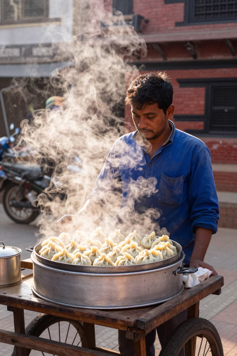 Morning street food vendor serving steaming momo dumplings in Kathmandu Nepal after sunrise in in Kathmandu, Nepal