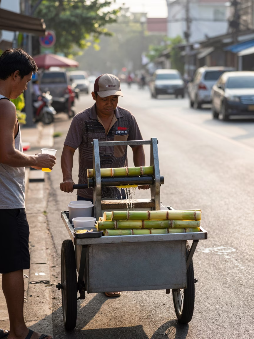 Morning Street Food Vendor Serving Sugarcane Juice on Busy Phuket Road in in Phuket, Thailand