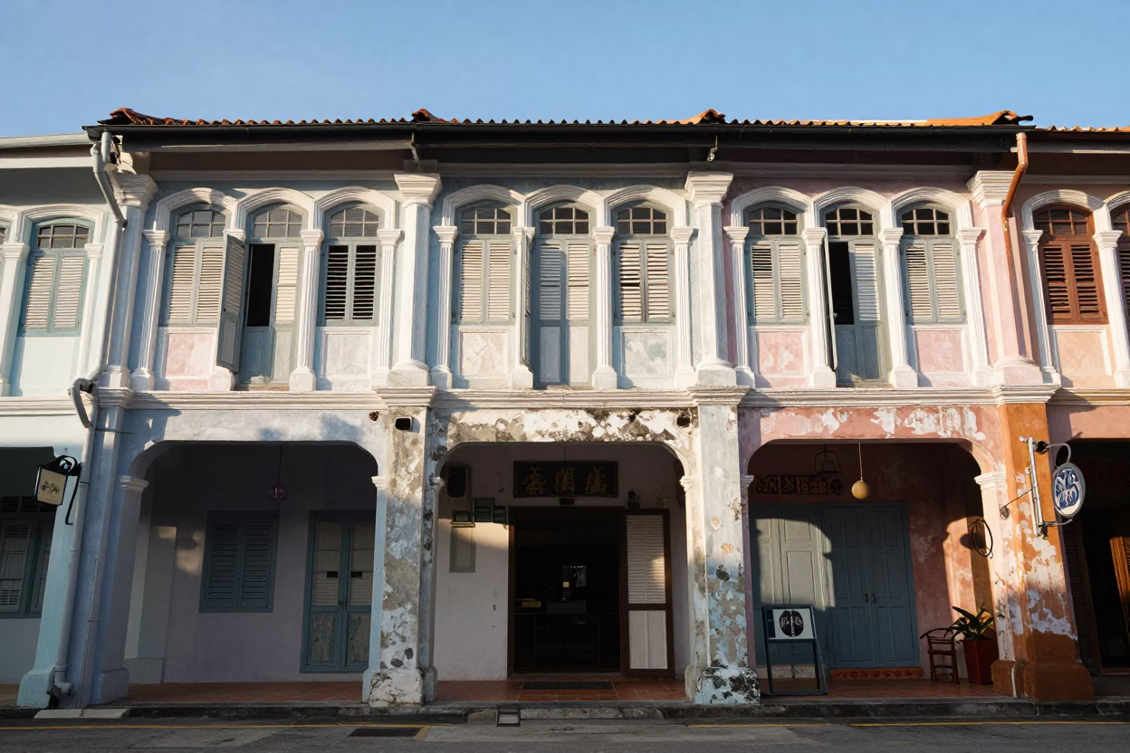 Morning Street Life in George Town Malaysia Shophouses with Kite and Gardenia in in George Town, Malaysia