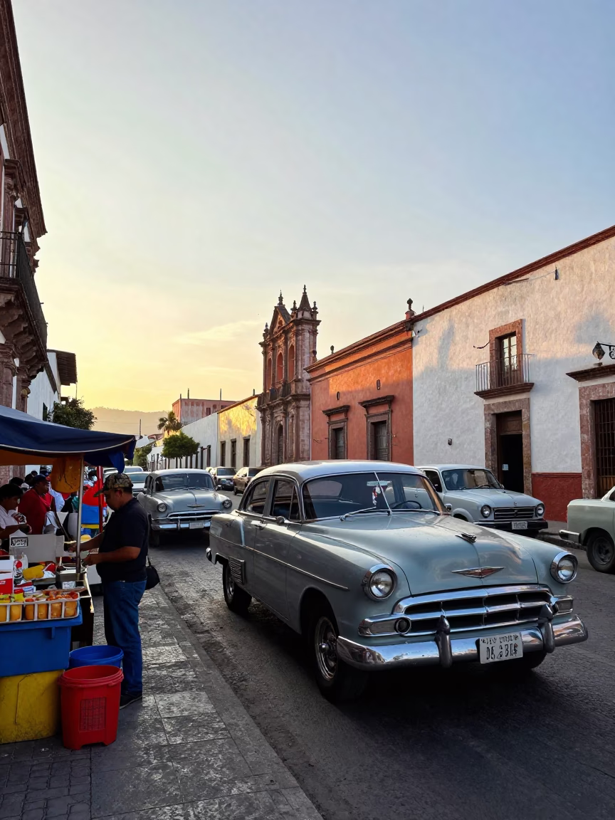 Morning Street Life in Guadalajara Mexico with Vintage Cars and Local Market Activity in in Guadalajara, Mexico
