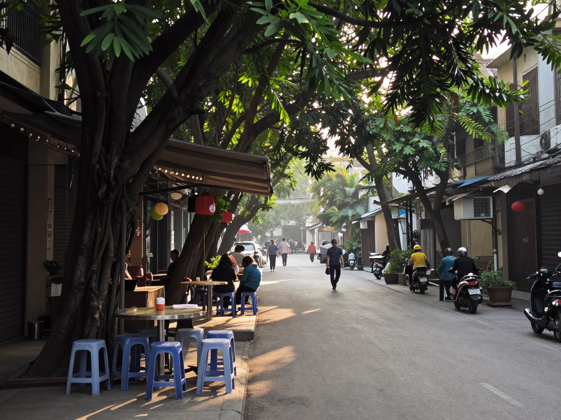 Morning Street Life in Hanoi Vietnam with Coffee Stools and Early Light in in Hanoi, Vietnam