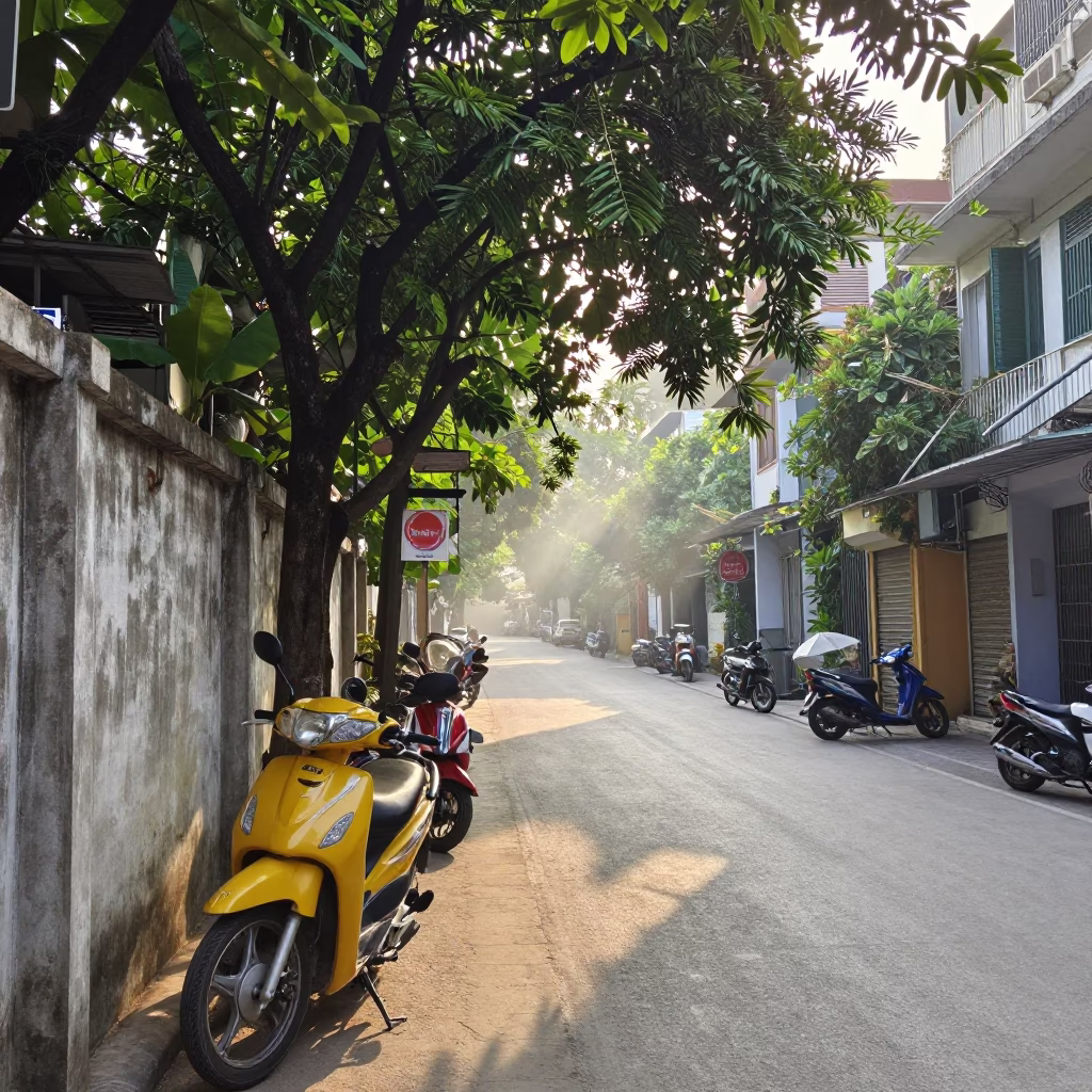 Morning Street Life in Hanoi Vietnam with Motorcycles and Local Details in in Hanoi, Vietnam