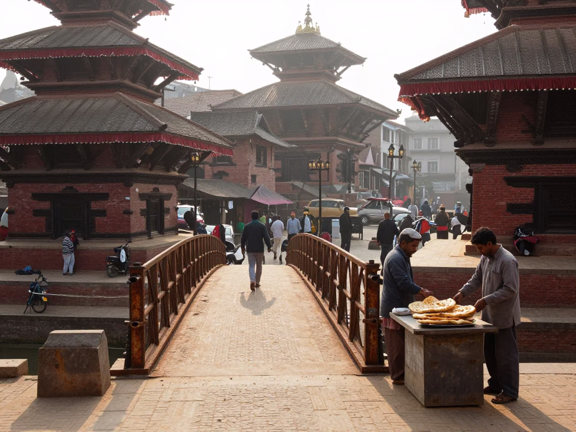 Morning Street Life in Kathmandu Nepal with Rusted Drawbridge and Local Breakfast in in Kathmandu, Nepal
