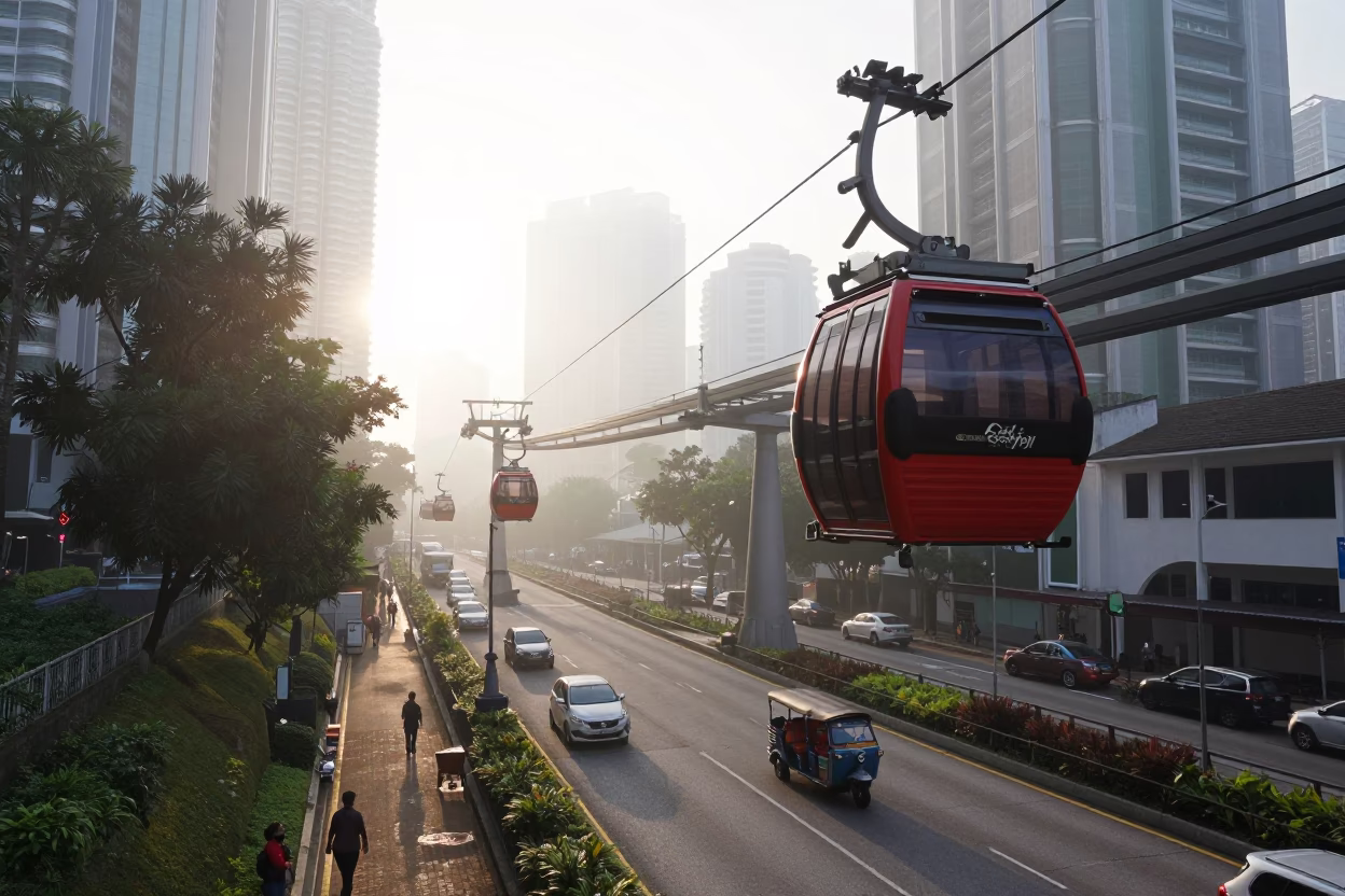 Morning Street Life in Kuala Lumpur Malaysia with Aerial Tramway Gondola in in Kuala Lumpur, Malaysia