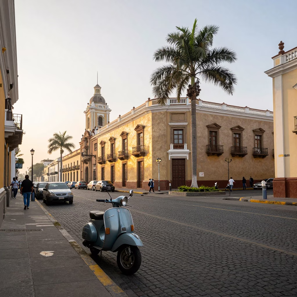 Morning Street Life in Lima Peru with Vintage Vespa and Palm Trees in in Lima, Peru