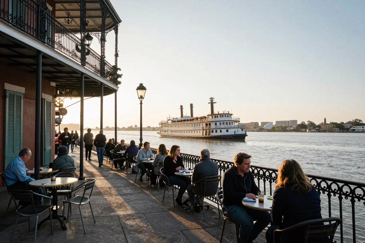Morning Street Life in New Orleans Louisiana with Steamboat and Local Details in in New Orleans, Louisiana, United States