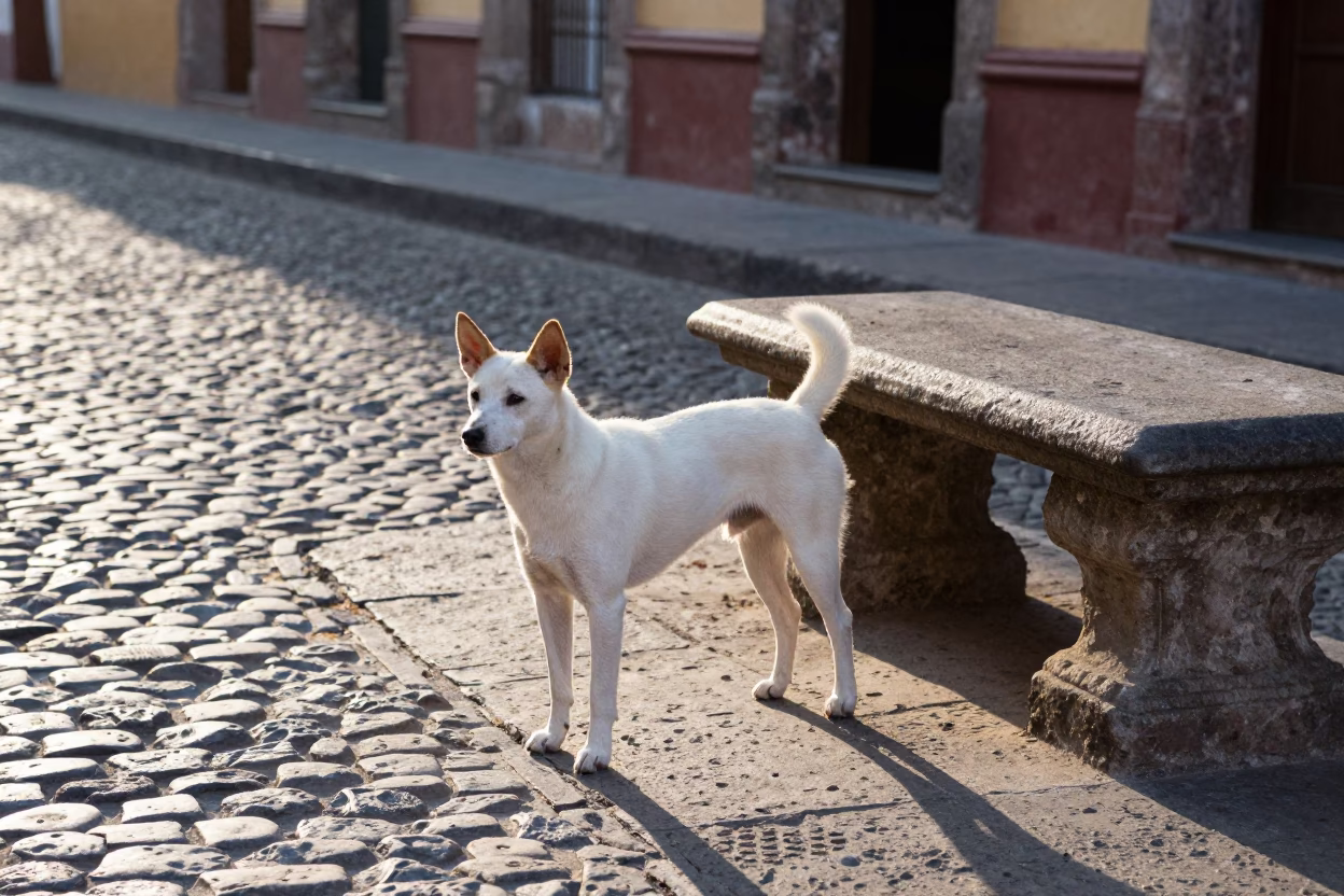 Morning Street Life in Oaxaca Mexico with Basenji Dog and Stone Bench in in Oaxaca, Mexico