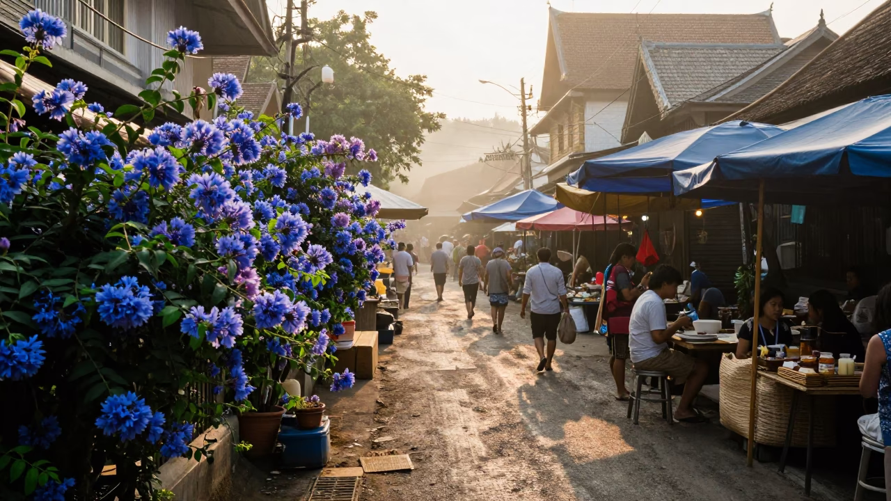 Morning Street Market in Chiang Mai Thailand with Plumbago Hedge and Woven Basket in in Chiang Mai, Thailand