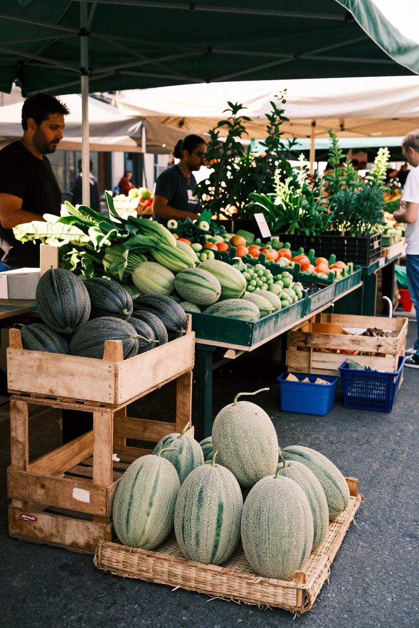 Morning Street Market in Milan Italy with Fresh Melons and Garden Rake in in Milan, Italy