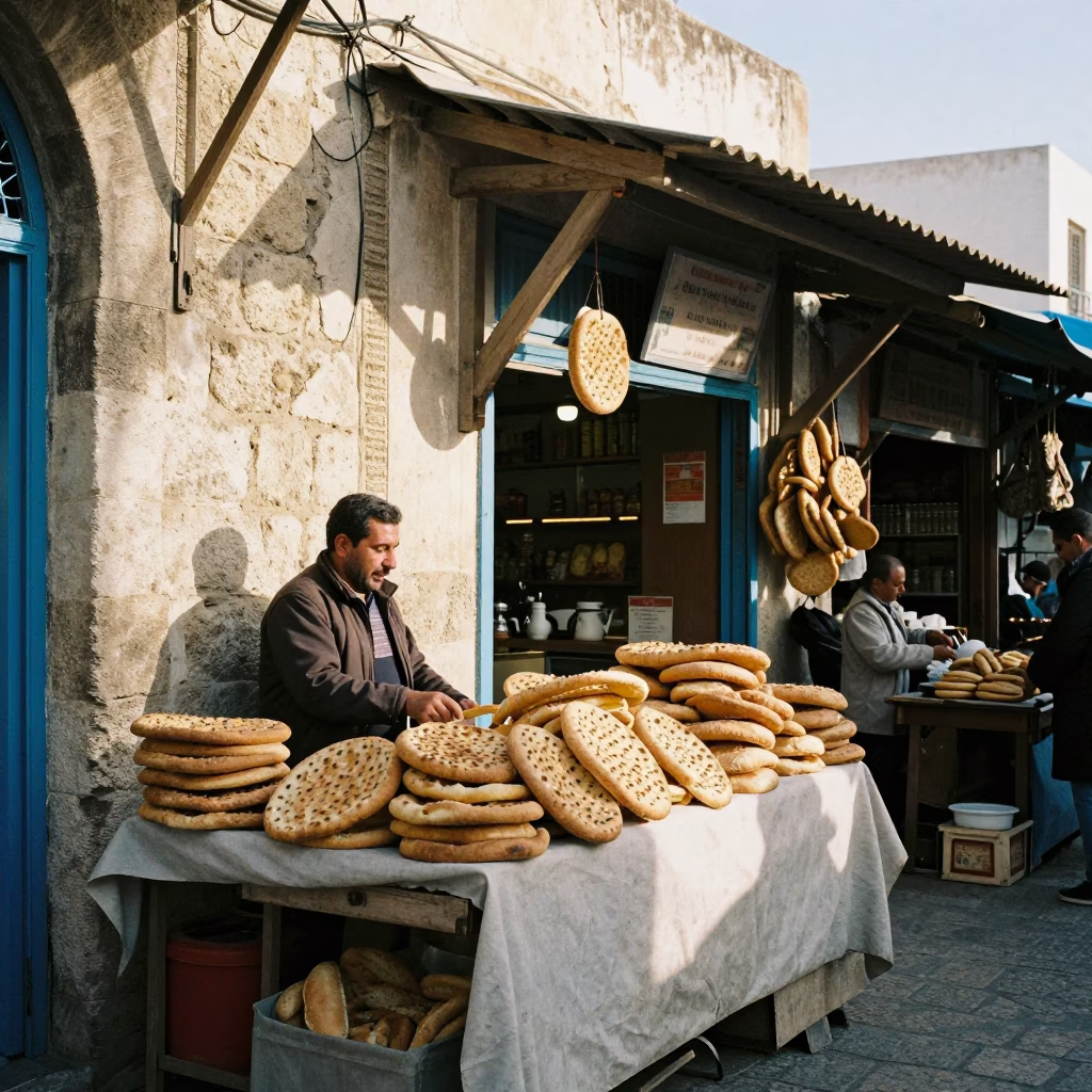 Morning Street Market in Tunis Tunisia with Fresh Bread and Traditional Life in in Tunis, Tunisia