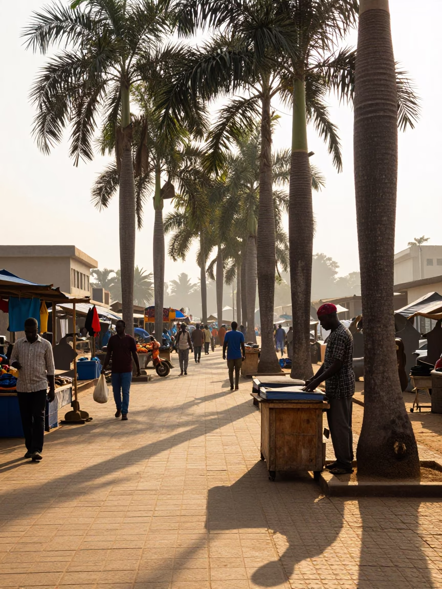 Morning Street Market Scene in Accra Ghana with Palm Trees and Local Commerce in in Accra, Ghana