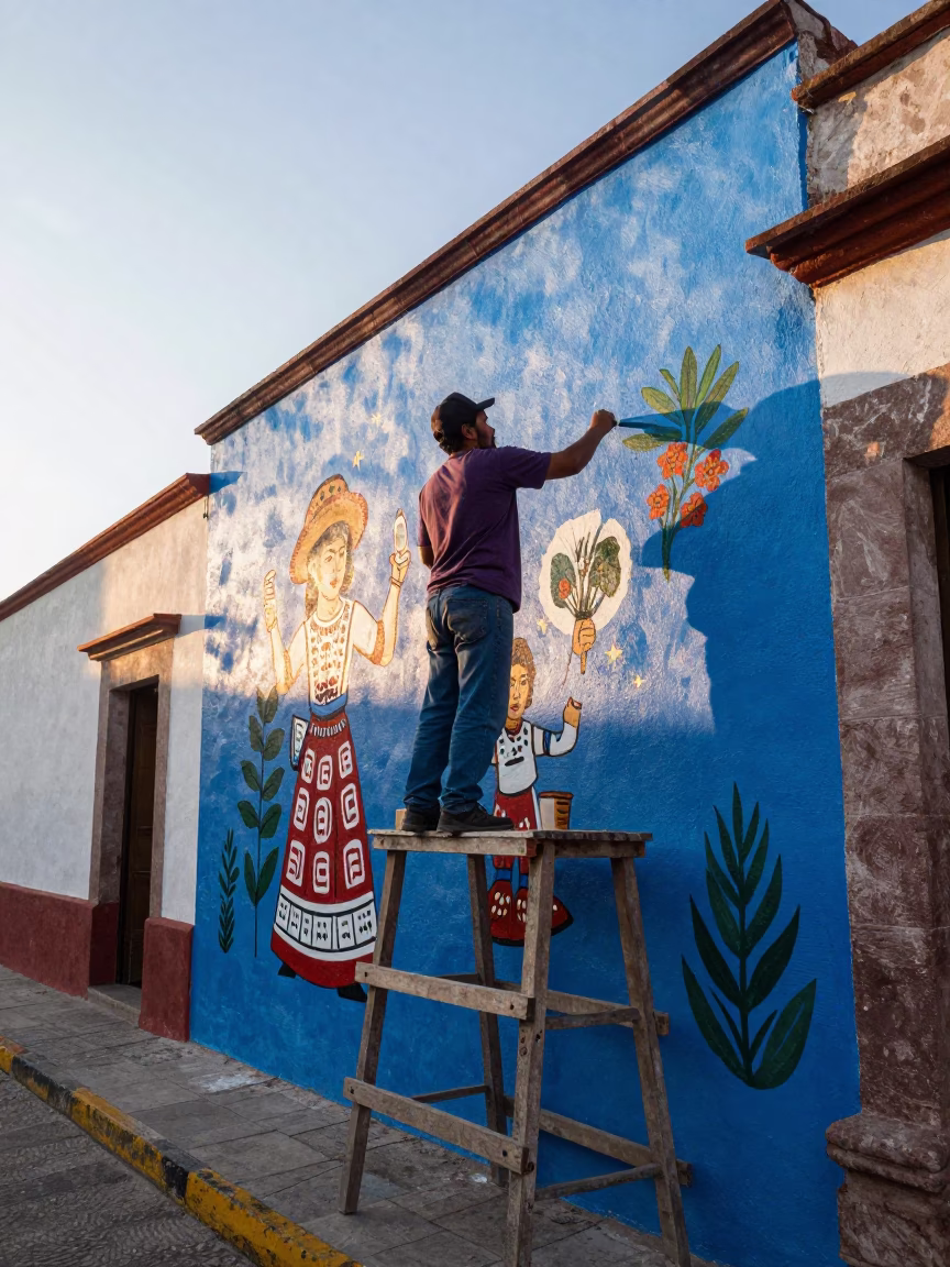 Morning Street Mural Painting in Guadalajara Mexico Just After Sunrise in in Guadalajara, Mexico