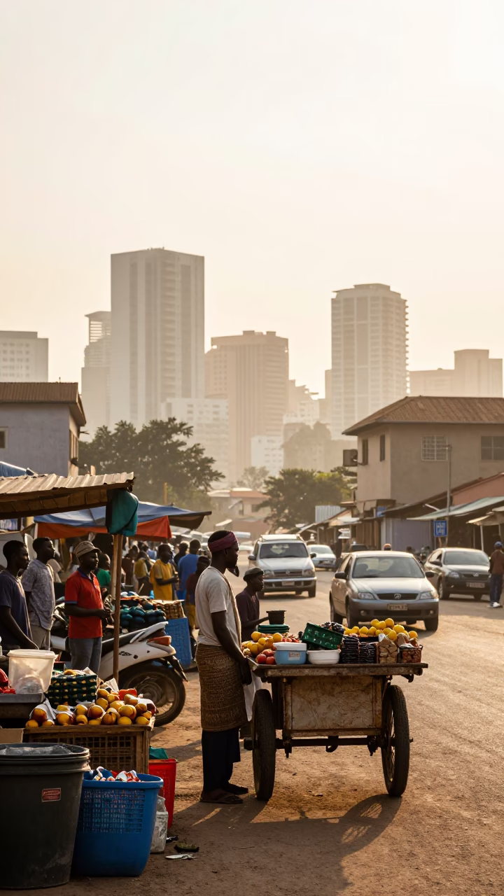 Morning Street Scene in Accra Ghana with Local Market Goods and Morning Light in in Accra, Ghana