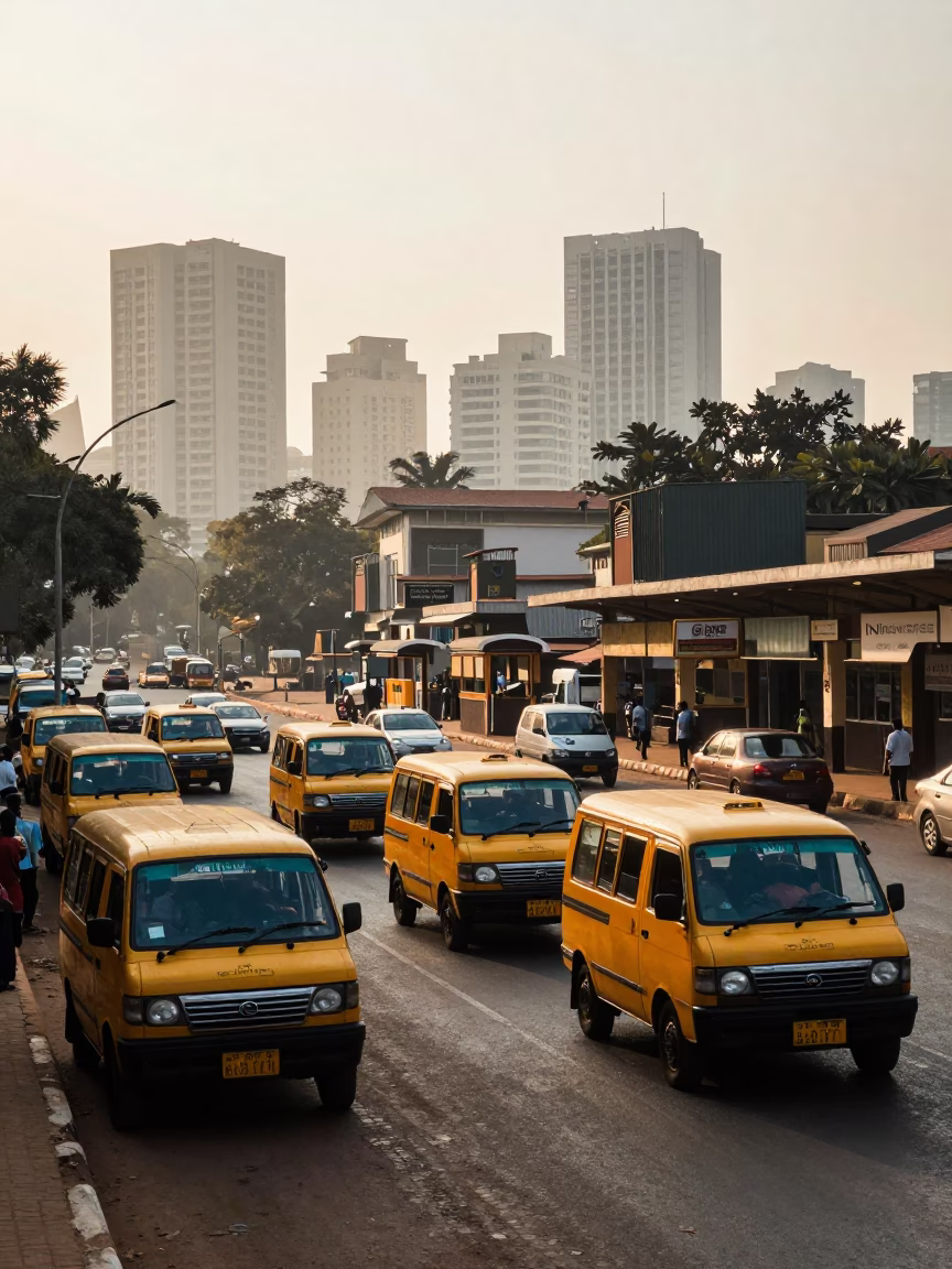 Morning Street Scene in Accra Ghana with Taxi Rank and University Archway in in Accra, Ghana