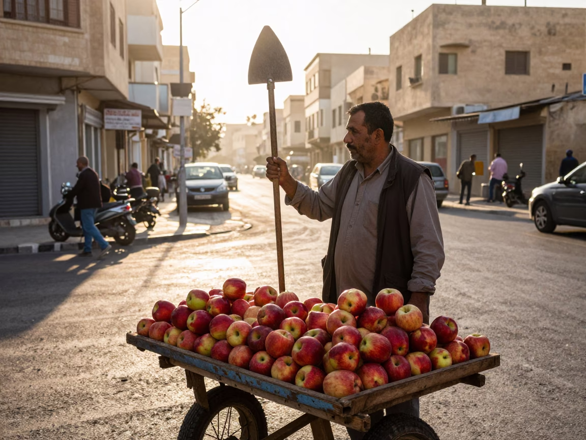 Morning Street Scene in Alexandria Egypt with Fruit Vendor and Crowbar in in Alexandria, Egypt