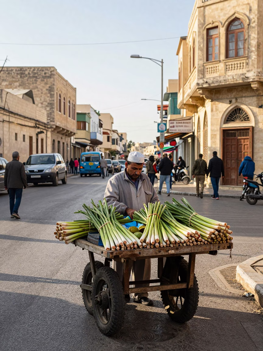 Morning Street Scene in Alexandria Egypt with Local Vendor and Traditional Elements in in Alexandria, Egypt