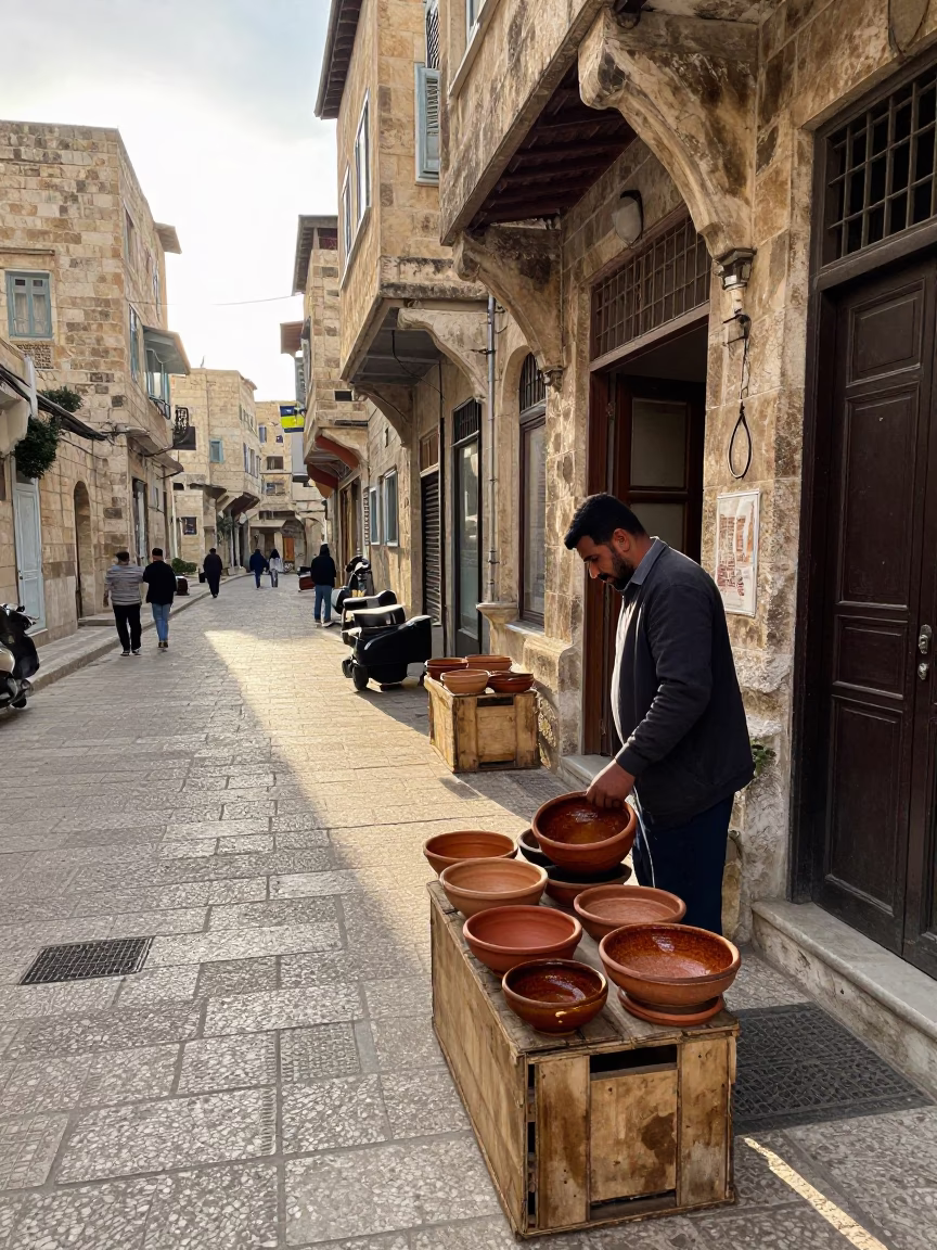 Morning Street Scene in Amman Jordan with Terracotta Bowls and Rust in in Amman, Jordan