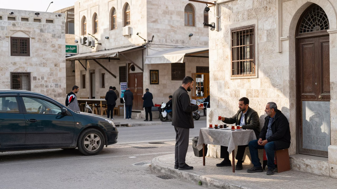Morning Street Scene in Amman Jordan with Traditional Tea and Local Architecture in in Amman, Jordan