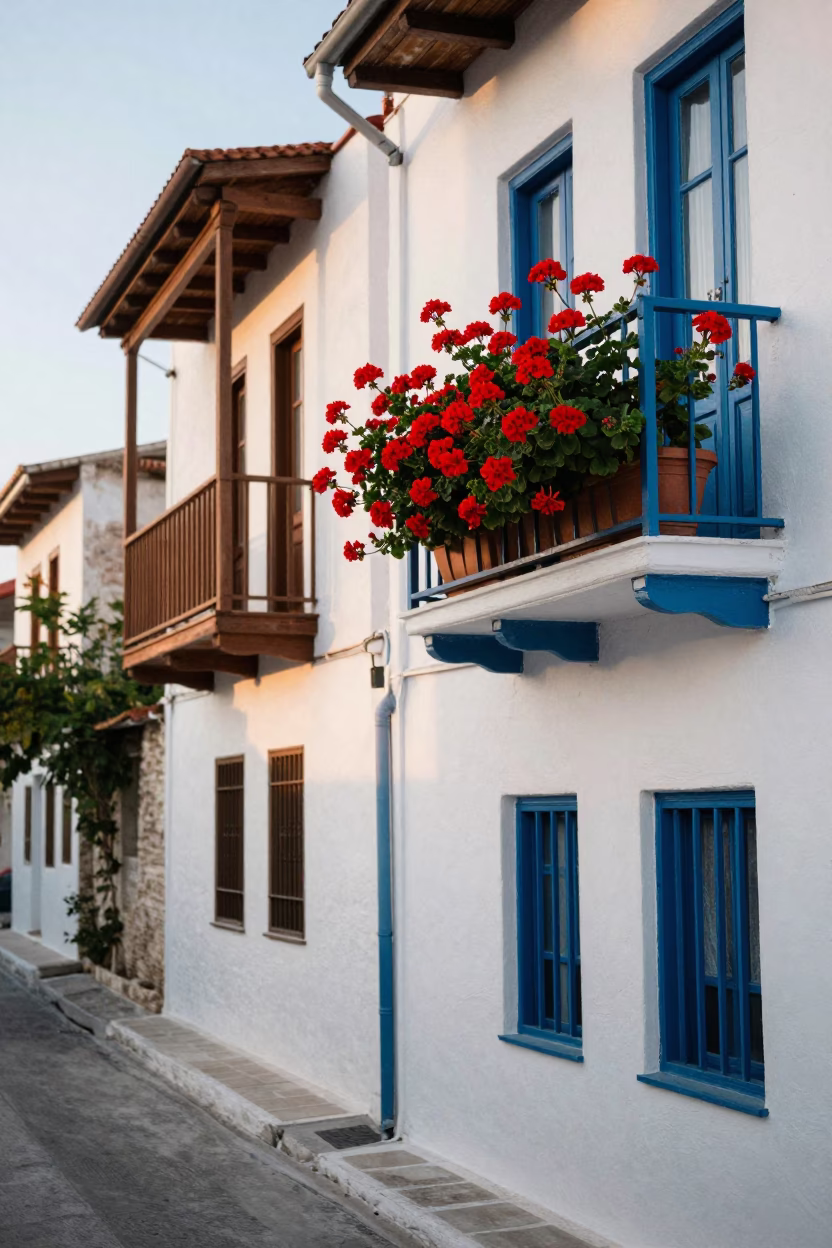 Morning Street Scene in Athens Greece with Geraniums and Traditional Architecture in in Athens, Greece