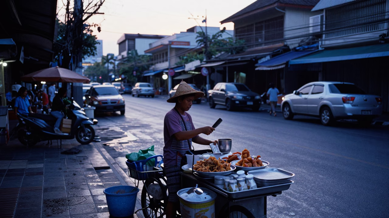 Morning Street Scene in Bangkok Thailand Before Sunrise with Local Vendor in in Bangkok, Thailand