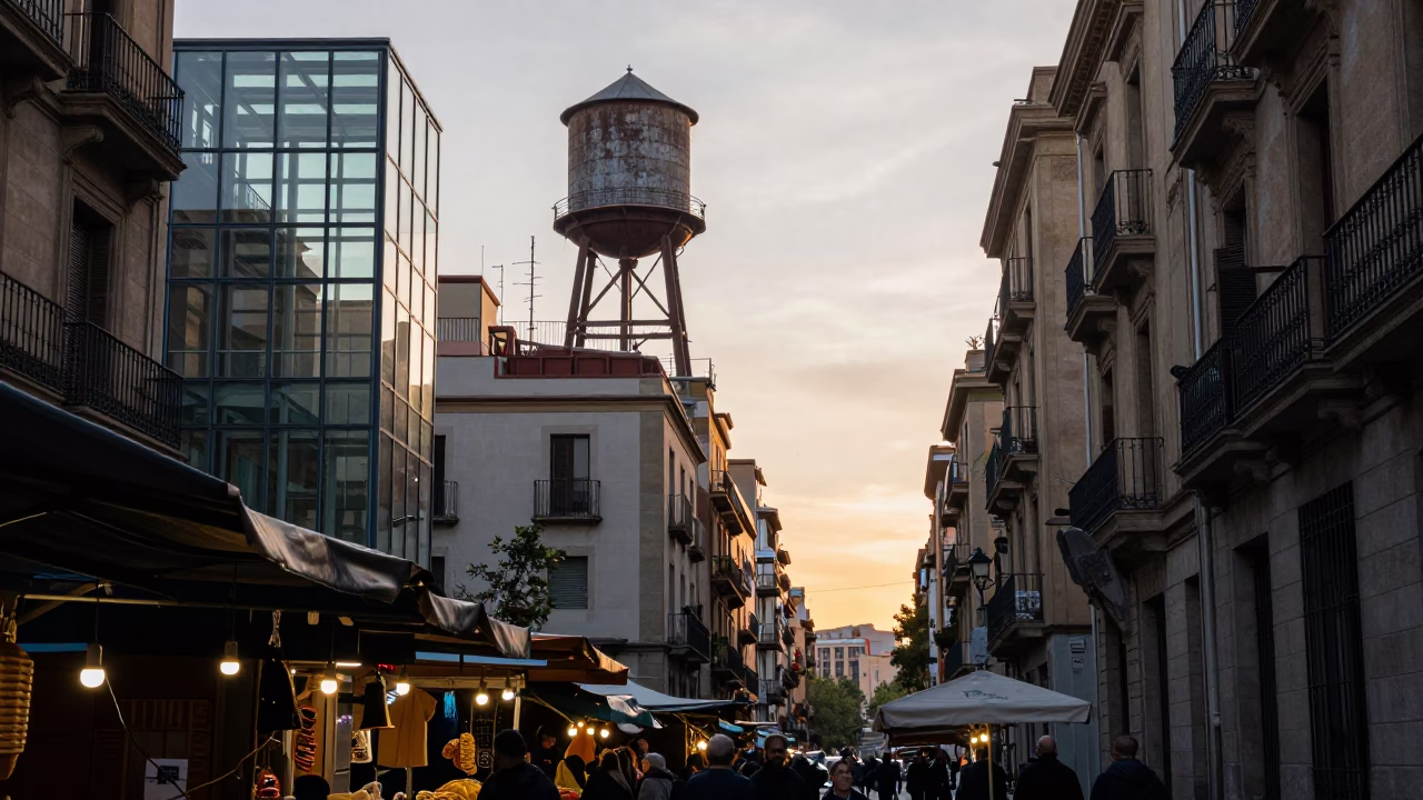 Morning Street Scene in Barcelona Spain with Water Tower and Glass Tabletop in in Barcelona, Spain