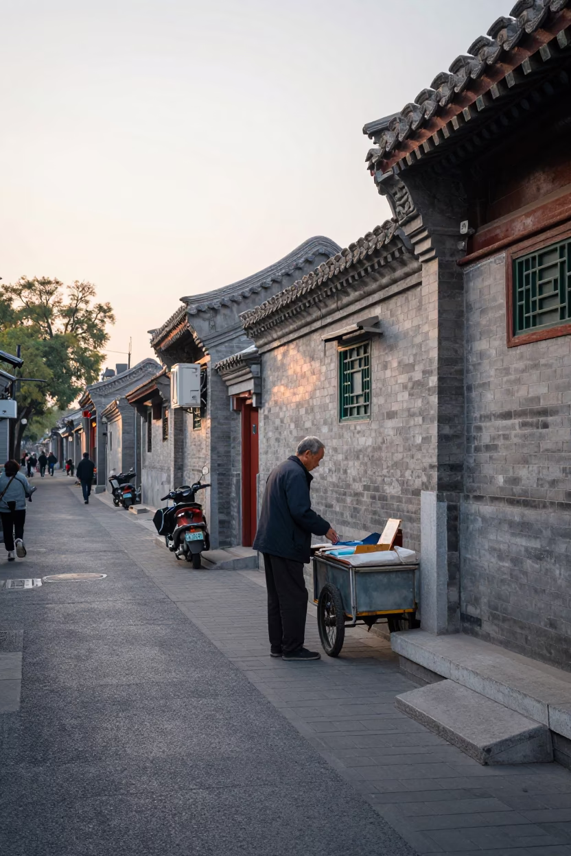 Morning Street Scene in Beijing China with Elderly Man and Traditional Items in in Beijing, China
