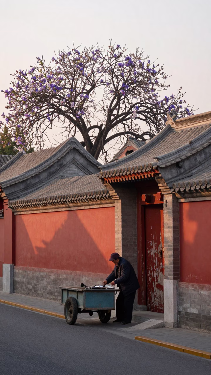 Morning Street Scene in Beijing China with Iris Blossoms and Traditional Architecture in in Beijing, China